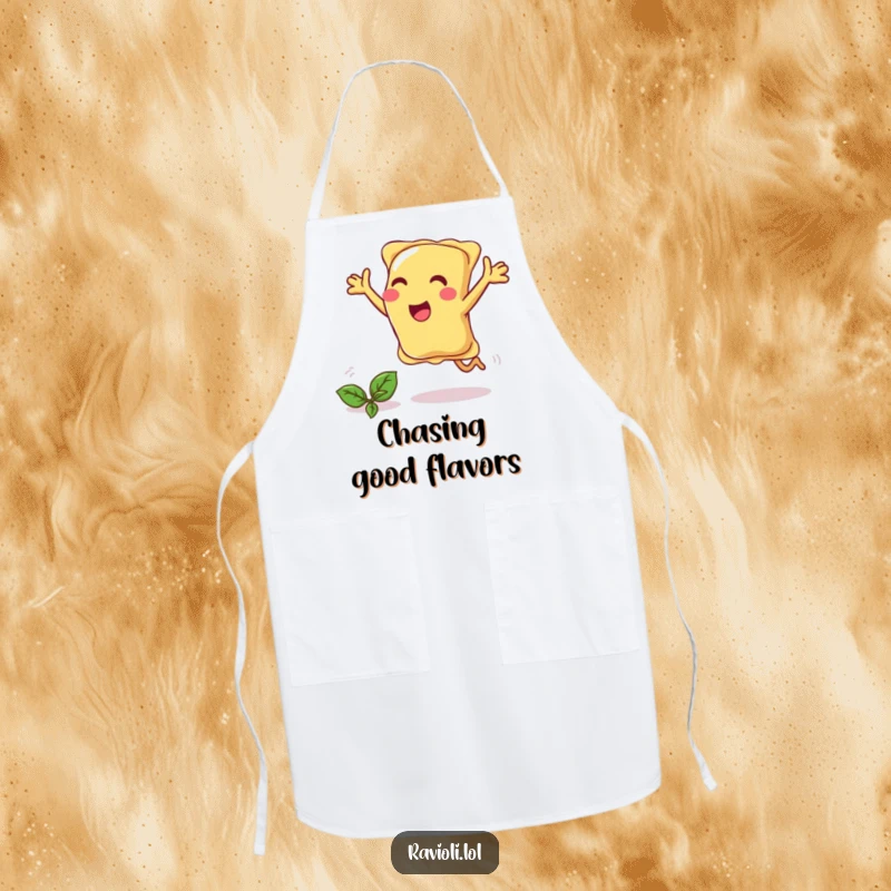 Funny ravioli joyfully chases a basil leaf with open arms, cooking apron.