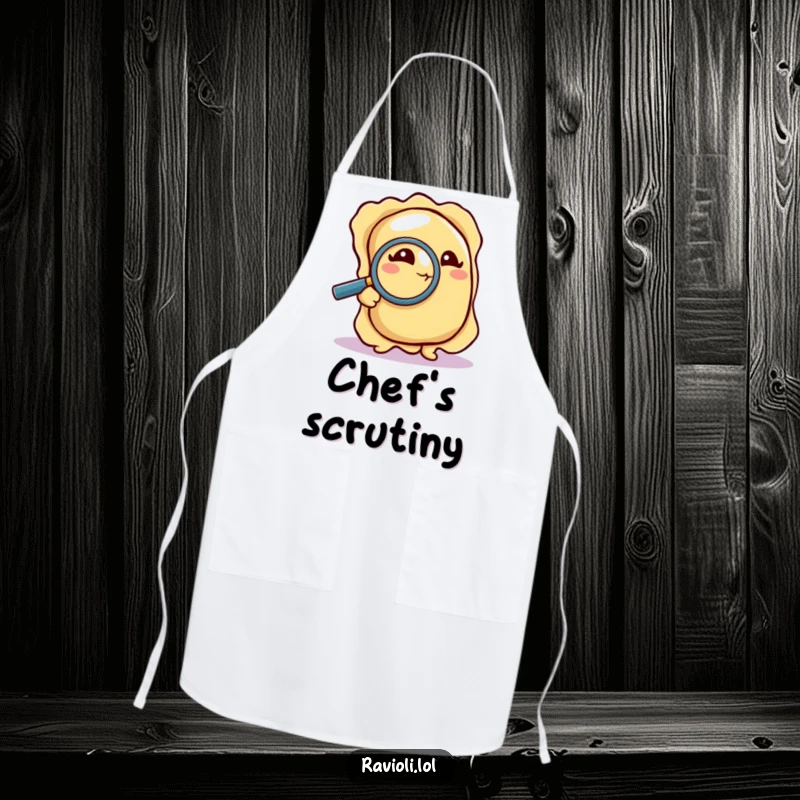 Funny Apron: A ravioli uses a magnifying glass to inspect a crumb, combining investigative skills with kitchen practicality for a humorous apron.