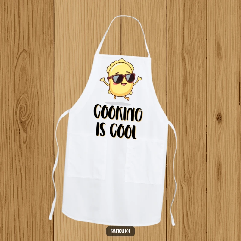 Funny ravioli wearing sunglasses hops with a grin, cooking apron with pasta humor.