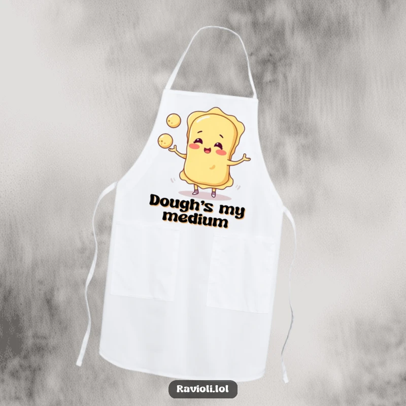Funny ravioli character skillfully juggling three round cheese balls while cooking, depicted on a practical kitchen apron.