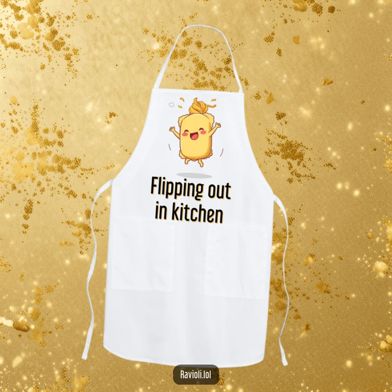 Funny cartwheeling ravioli apron showing a ravioli character doing a cartwheel with pasta steam, perfect for cooking.