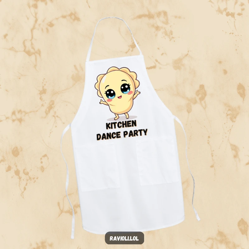 Funny ravioli character with wide eyes doing a silly dance, featured on a cooking apron.