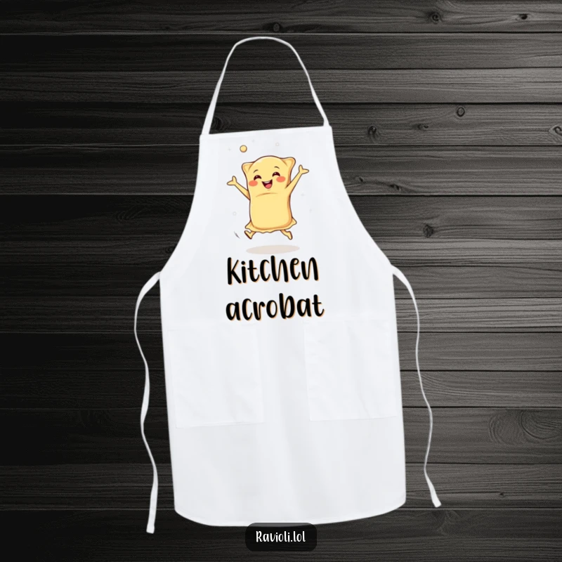 Funny happy ravioli doing cartwheels with flying dough, apron with an energetic Italian food character, perfect funny kitchen wear.