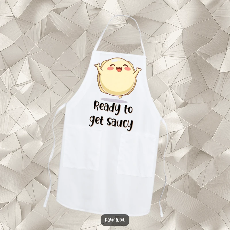 Funny apron with a plump, round ravioli character joyfully bouncing, perfect for kitchen activities with a happy flair.