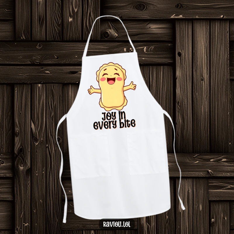 Funny ravioli character laughing with arms wide, showcased on a practical apron for humorous and joyful cooking sessions.