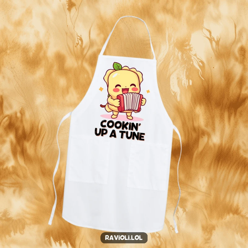 Funny apron depicting a ravioli character enthusiastically playing a small accordion, a musical and humorous kitchen accessory.