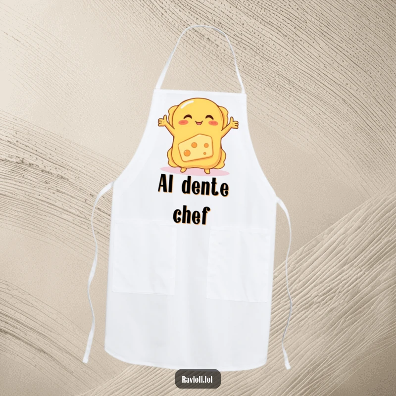 Funny apron showing a ravioli hugging a shy, blushing cheese, perfect for adding humor to cooking and baking adventures.