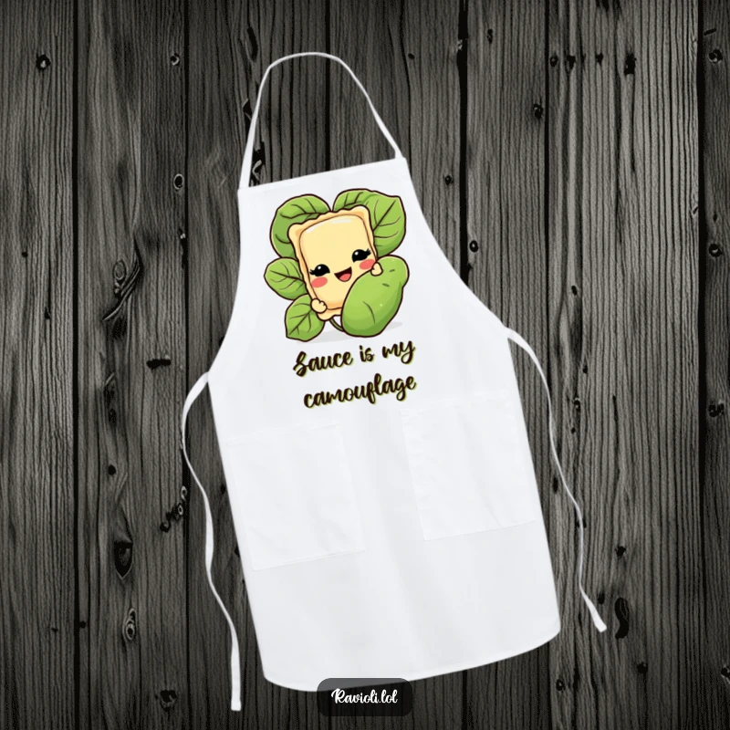Funny apron for chefs, showing a grinning ravioli character peeking from behind a basil leaf, celebrating the joy of Italian cooking with humor.