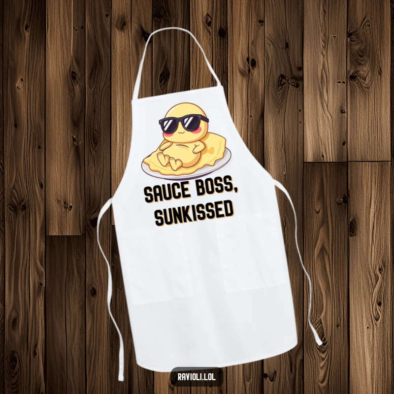 Funny ravioli apron showing a pasta character in sunglasses lounging, perfect for chefs who appreciate Italian food and humor.