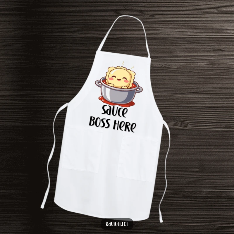 Funny ravioli character with a silly face peeking from a pot of sauce, a humorous and practical cooking apron.