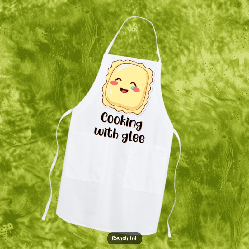 Functional apron featuring a funny ravioli character giggling heartily, with a visible tear of mirth on its cheek, for humorous cooking.