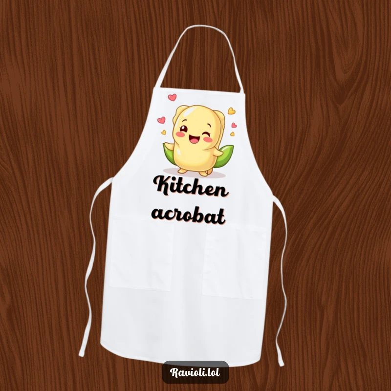 Funny ravioli character juggling peas in a kitchen setting on a functional apron, highlighting culinary fun and humor.
