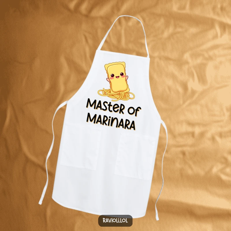 Funny ravioli character sliding down a spaghetti strand on a kitchen apron, adding playful pasta humor to cooking.