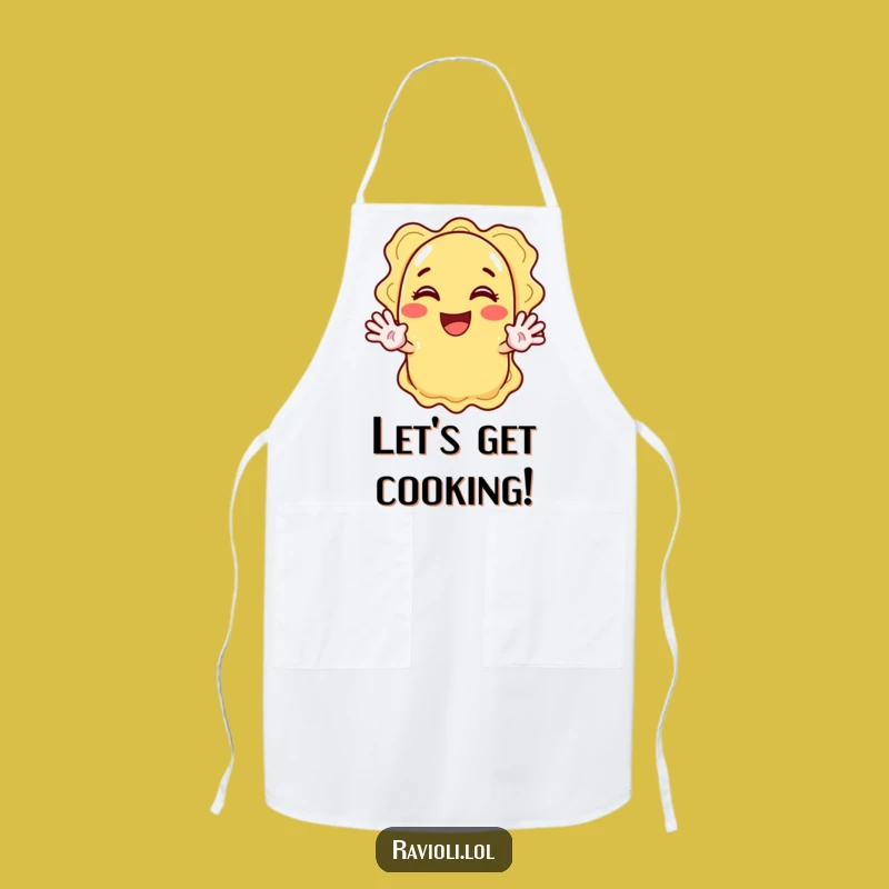 Funny Ravioli Waving Hand Apron: Cheerful Kitchen Greetings and Cartoon Fun Gift
