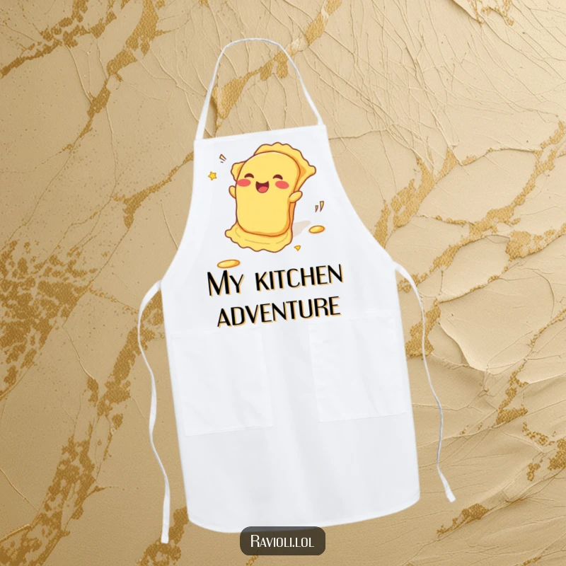 Funny Apron: A ravioli rolls enthusiastically downhill, spreading giggles, bringing humor and protection to your kitchen ensemble.