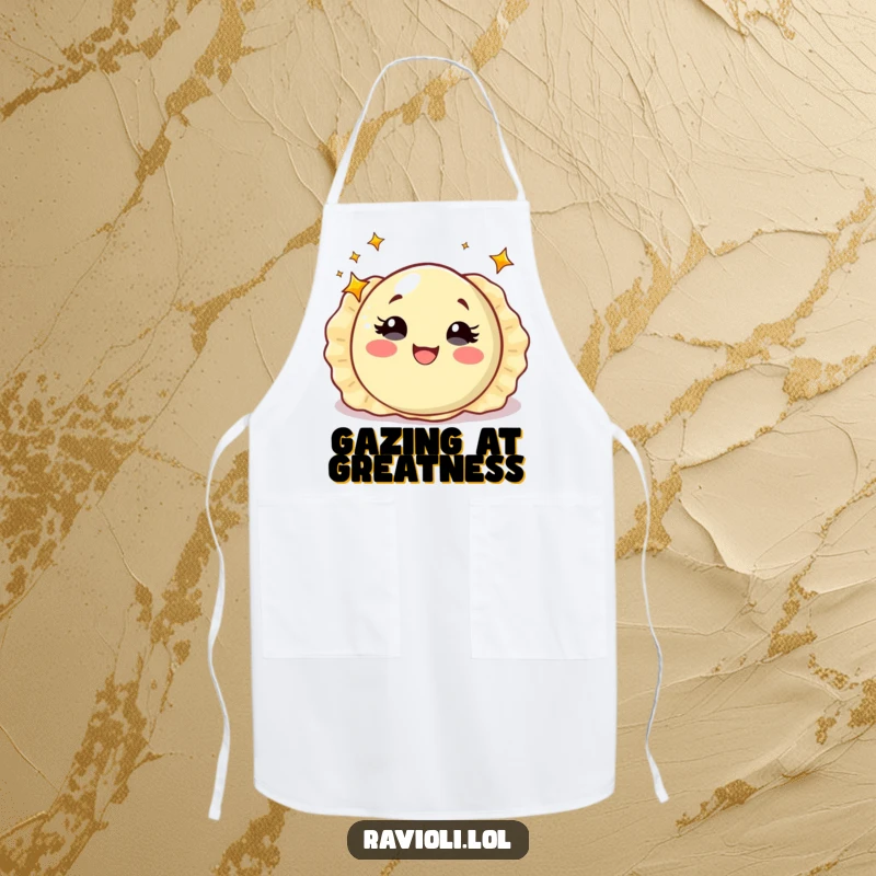 Funny ravioli with starry eyes spinning, apron with an enchanted Italian food character, perfect funny kitchen wear.
