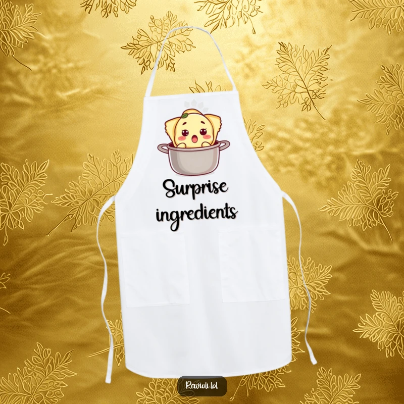 Funny ravioli character with a surprised expression popping out of a pot on a kitchen apron, adding humor to cooking.
