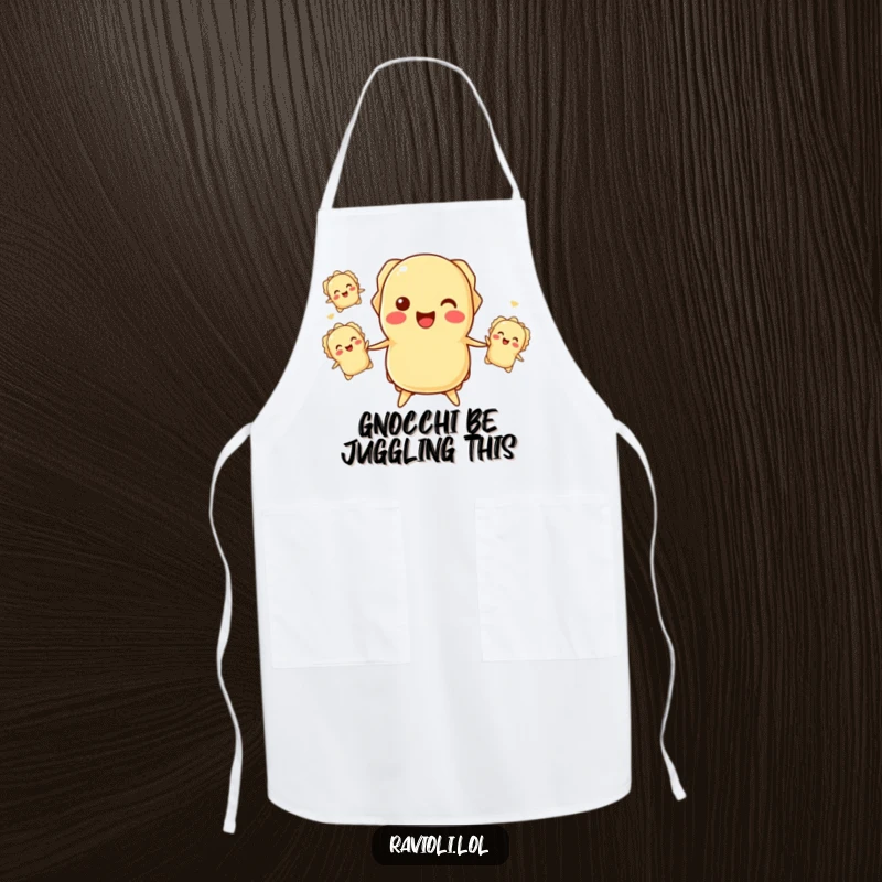 Funny ravioli juggling apron with a happy ravioli character tossing smaller ravioli, perfect for kitchen duties.