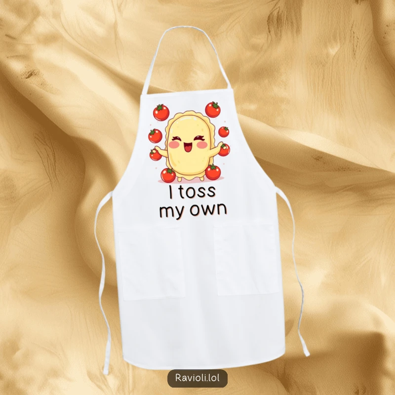 Funny apron featuring a winking ravioli juggling small tomatoes, perfect for keeping chefs clean with culinary humor.