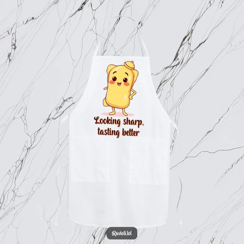 Funny apron featuring a confident ravioli with hand on hip and tiny tilted hat, perfect for chefs with Italian flair.
