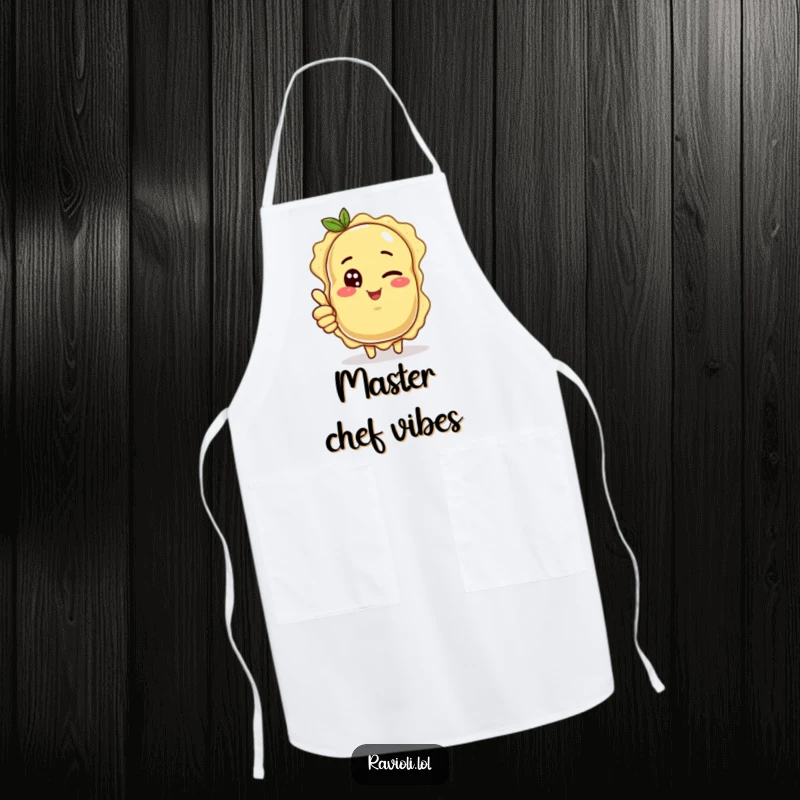 Funny ravioli character winking and giving a thumbs up, a cool and funny apron for the kitchen.