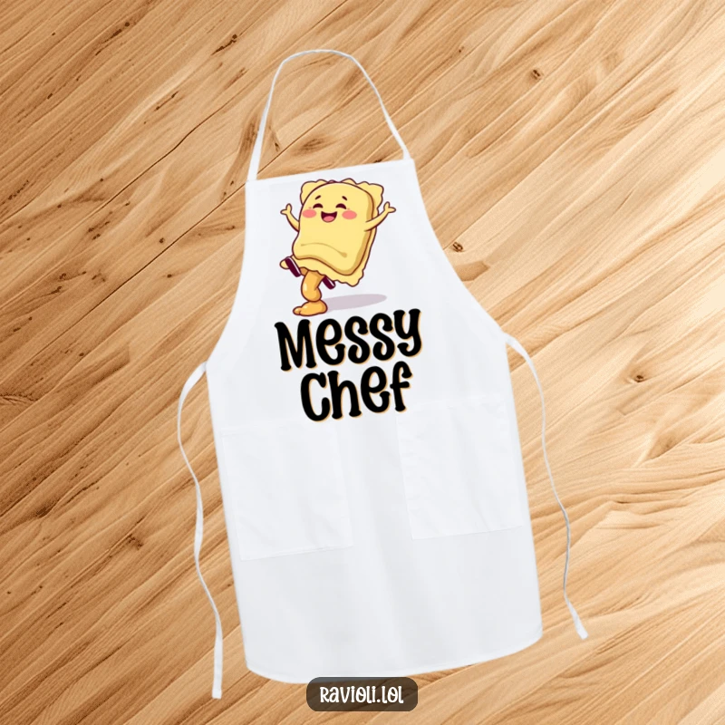 Funny ravioli character giggling mid-cartwheel with filling spilling while wearing an apron, a humorous kitchen accessory, great gift.