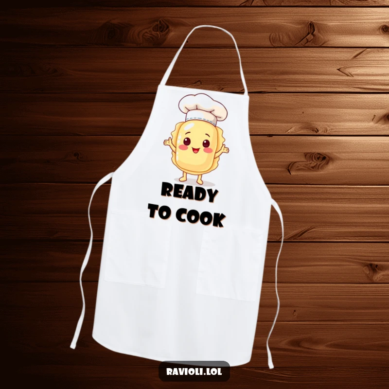 Functional apron featuring a funny ravioli character in a chef hat, proudly presenting itself, perfect for cooking with flair and humor.