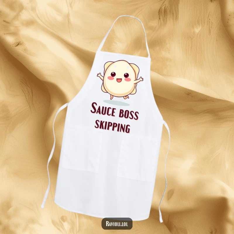 Funny plump ravioli character with tiny legs joyfully skipping, featured on a cooking apron.