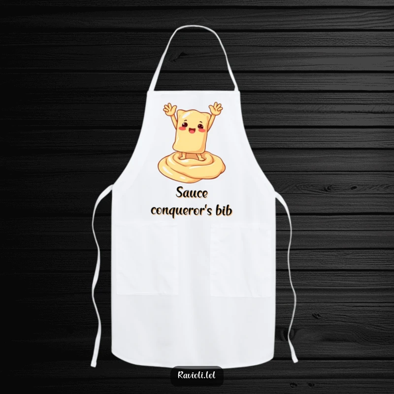 Funny apron featuring a ravioli character striking a triumphant pose atop a creamy sauce swirl, perfect for kitchen victories.