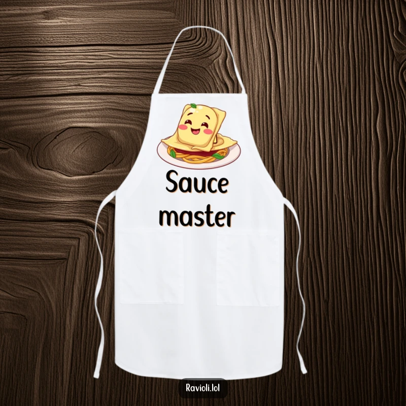 Funny Ravioli Plate Apron: Ravioli character sliding into a plate with a goofy grin, adding humor and Italian flair.