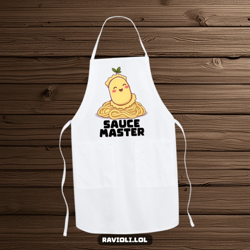 Funny apron showing a ravioli character merrily rolling down a hill of pasta, a humorous kitchen essential.