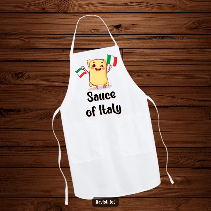 Funny ravioli character jubilantly waving an Italian flag while wearing an apron, a humorous kitchen accessory, great gift.
