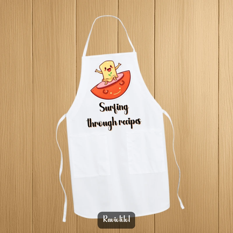Funny apron depicting a ravioli character surfing on a giant tomato slice, ensuring a clean and humorous experience while cooking.