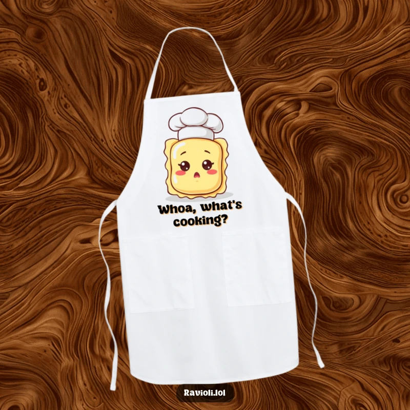 Funny ravioli character in a chef hat, looking surprised, showcased on a practical apron for humorous and astonishing cooking sessions.