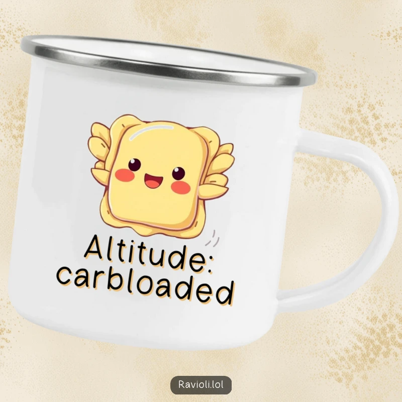 Funny ravioli camping mug with a pasta attempting flight with wings, durable and humorous for outdoor enthusiasts.