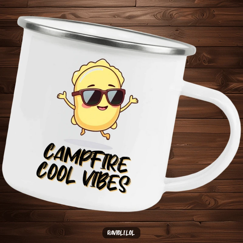 Funny ravioli wearing sunglasses hops with a confident grin, outdoor camping mug.