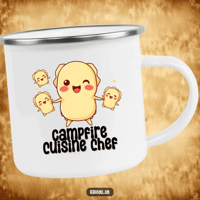 Funny ravioli juggling camping mug with a happy ravioli character tossing smaller ravioli, perfect for outdoor use.