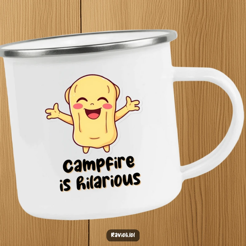 Funny Ravioli Camping Mug with a pasta character laughing joyfully with arms outstretched, built for durable, humorous adventures.