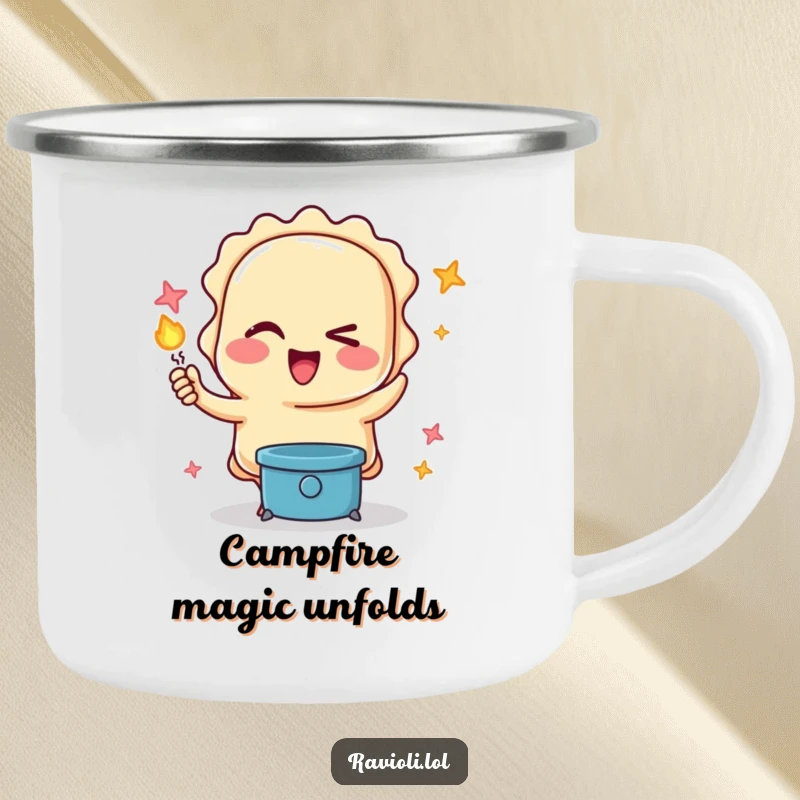 Funny camping mug with a winking ravioli character performing a magic trick, perfect for outdoor coffee breaks and humorous meal times.