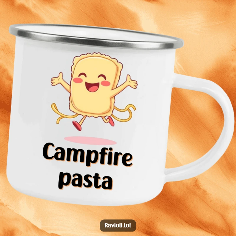 Funny ravioli character jumping joyfully with pasta trailing, on a durable camping mug, a humorous gift.