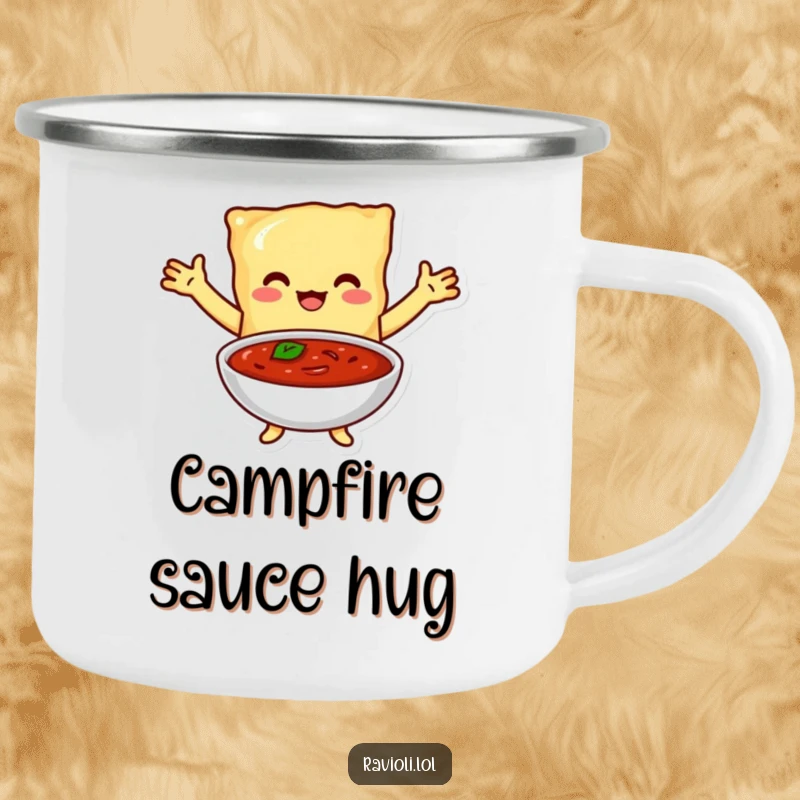 Funny camping mug with a ravioli character embracing a bowl of marinara sauce, perfect for outdoor meals.