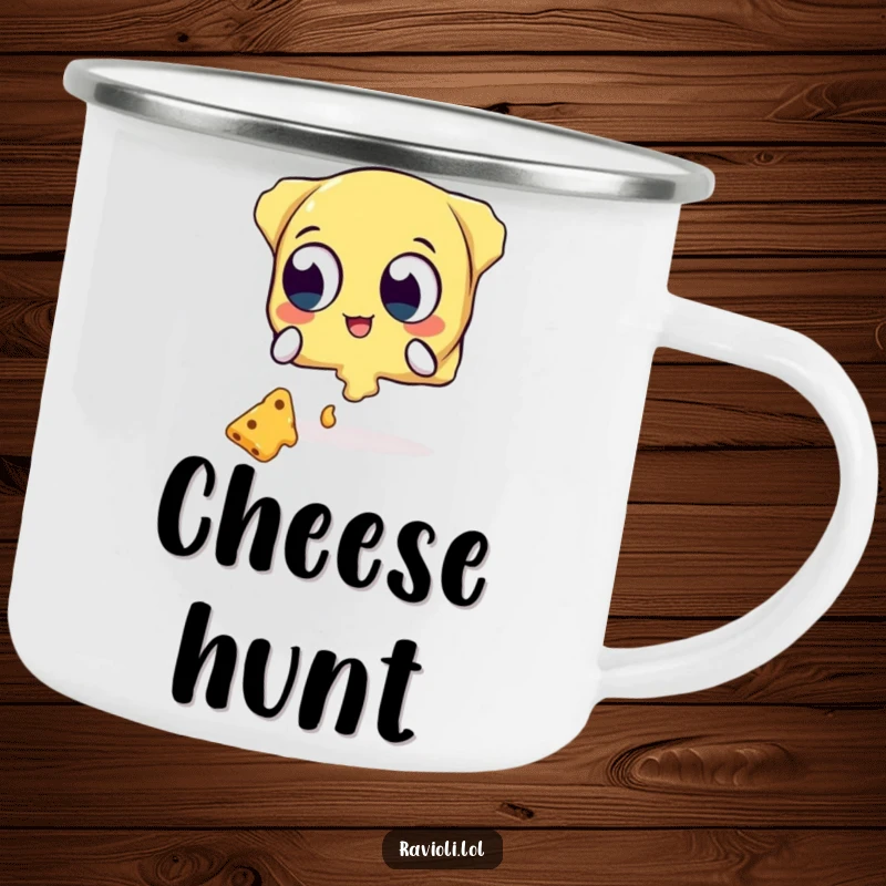 Funny camping mug showing a ravioli character with wide eyes trying to catch falling cheese, perfect for outdoor cheese enthusiasts.