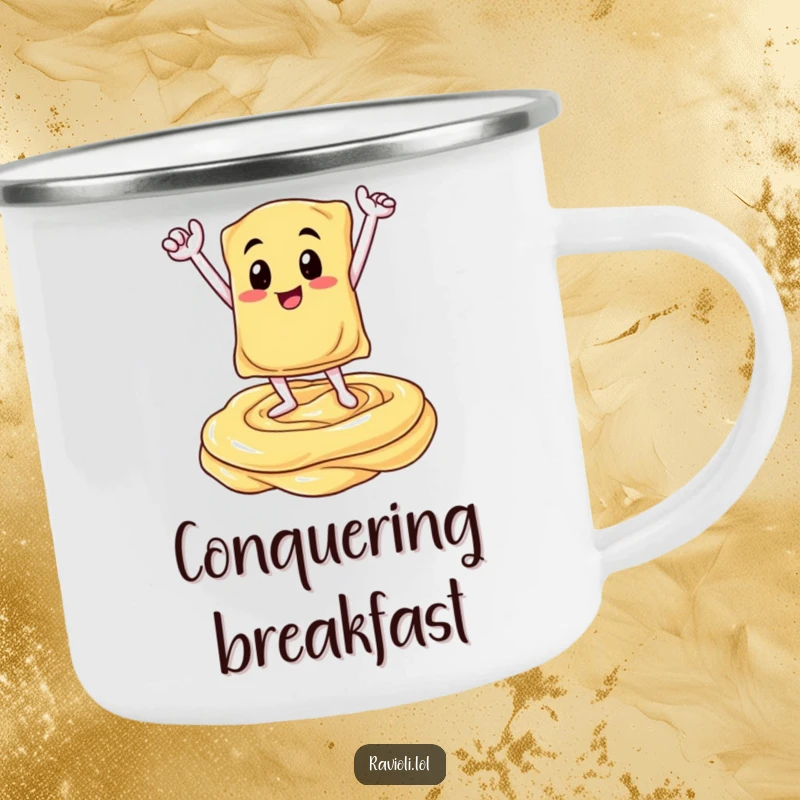 Funny camping mug featuring a ravioli character in a triumphant pose atop a creamy sauce swirl, perfect for enjoying beverages outdoors with Italian flair.
