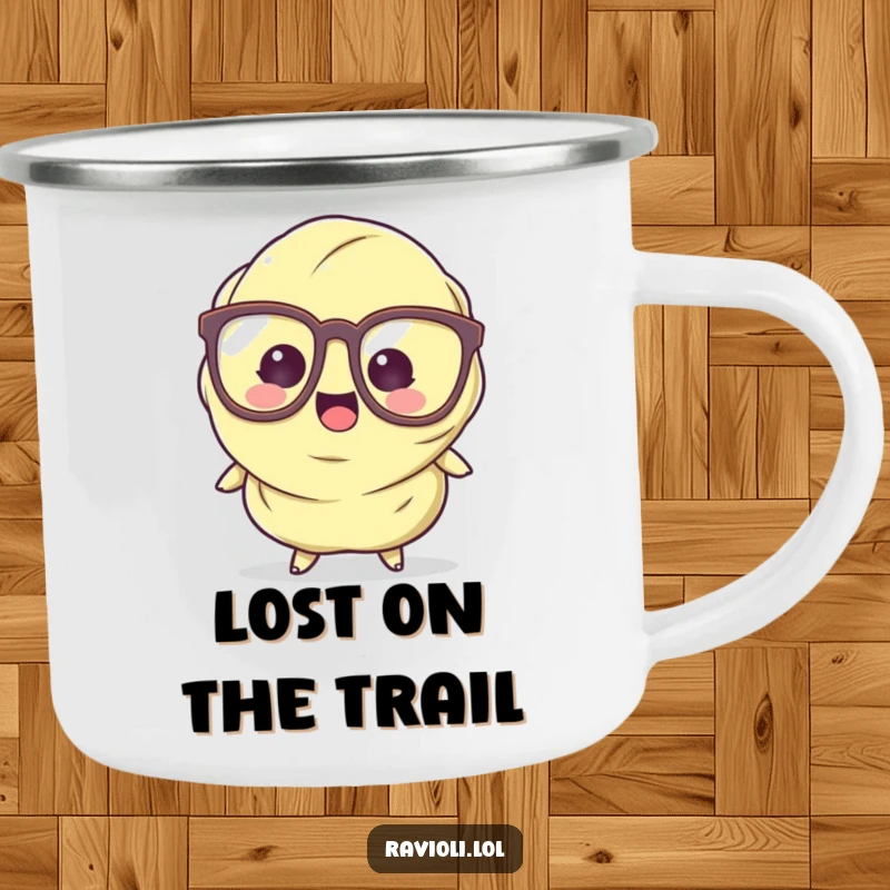 Funny Ravioli Camping Mug showing a pasta character with big glasses tripping, built for rugged, humorous outdoor use.