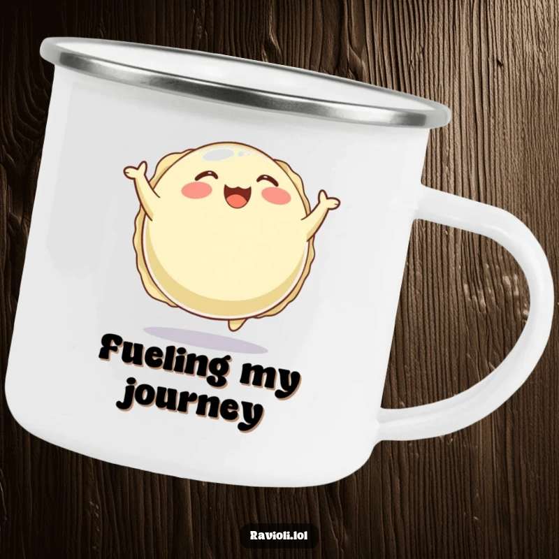 Funny camping mug with a plump, round ravioli character joyfully bouncing, perfect for outdoor meals and happy times.