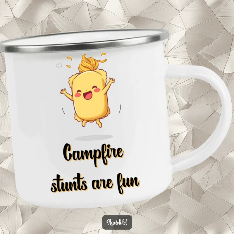 Funny cartwheeling ravioli camping mug showing a ravioli character doing a cartwheel with pasta steam, perfect for outdoor use.