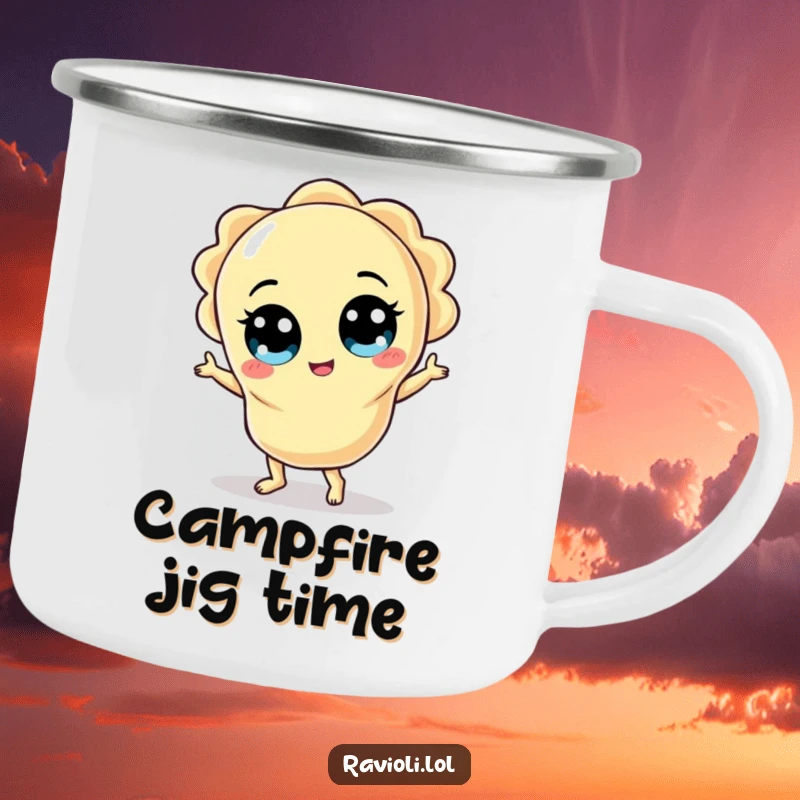 Funny ravioli character with wide eyes doing a silly dance, on a durable camping mug for outdoor fun.