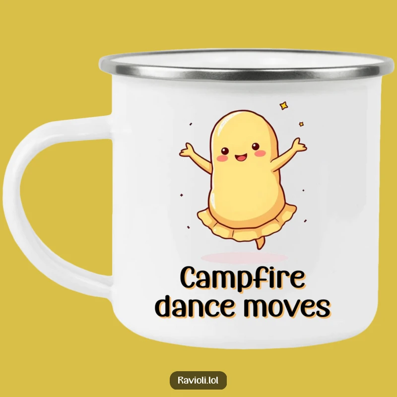Funny Dancing Ravioli Camping Mug: Pasta's Twirl of Joy, Rugged Funny Gift for Outdoors