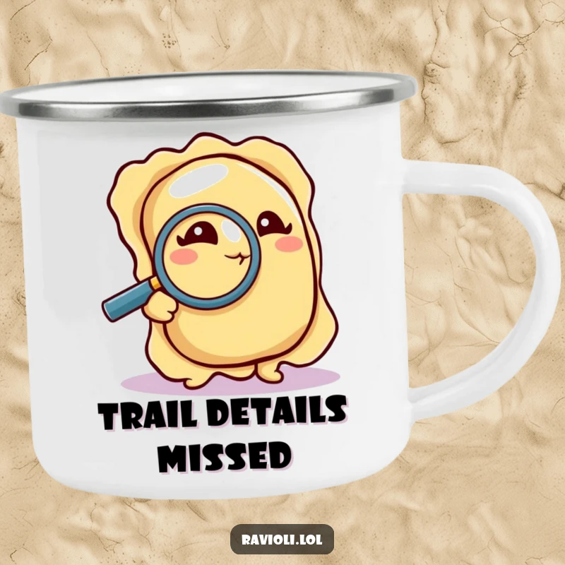 Funny Camping Mug: A ravioli uses a magnifying glass to investigate, ready for your outdoor sleuthing, bringing humor and keen observation.