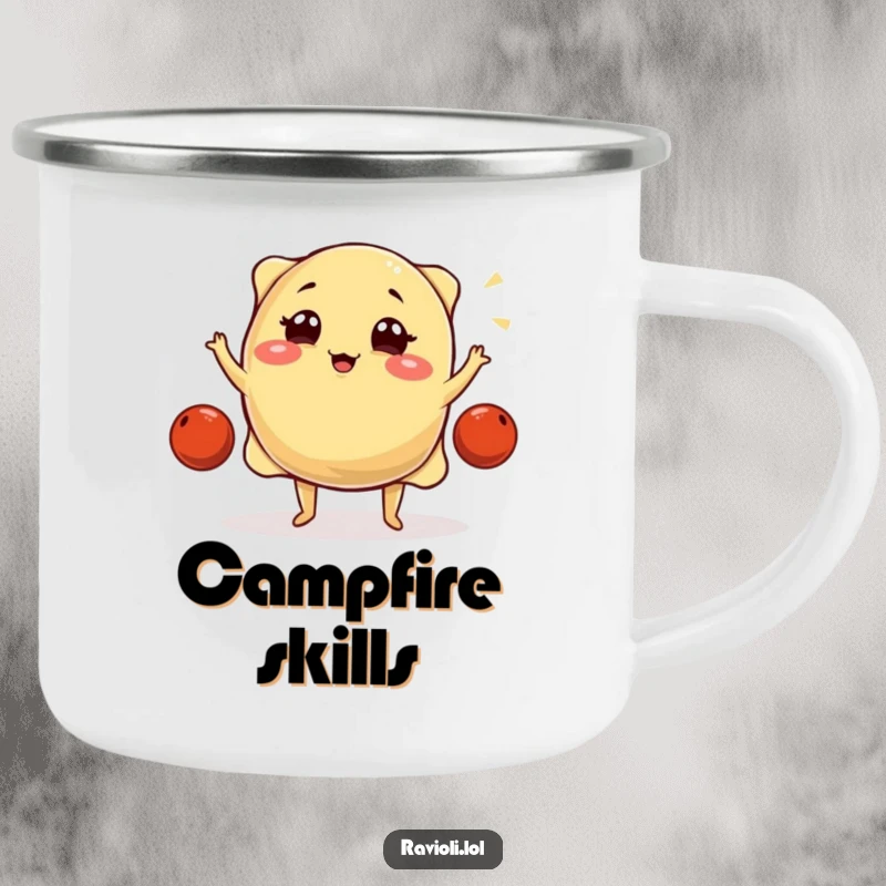 Funny ravioli character winks while juggling meatballs on a durable camping mug, ideal for outdoor enthusiasts.